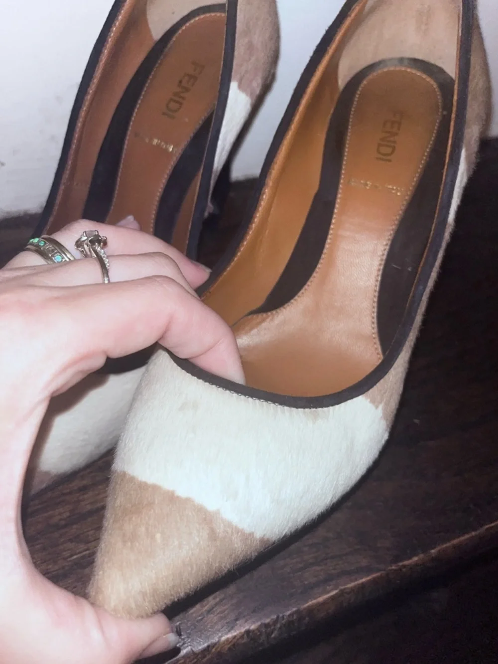 Fendi Two-Tone White and Taupe Pointed-Toe Pumps with Black Trim